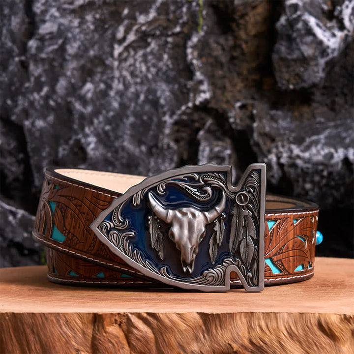 Cintura in pelle con fibbia a forma di toro a forma di punta di freccia smaltata blu navy fai da te