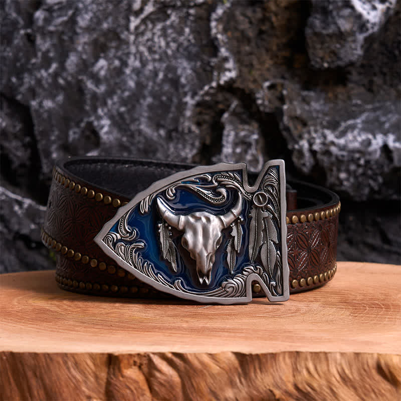 Cintura in pelle con fibbia a forma di toro a forma di punta di freccia smaltata blu navy fai da te
