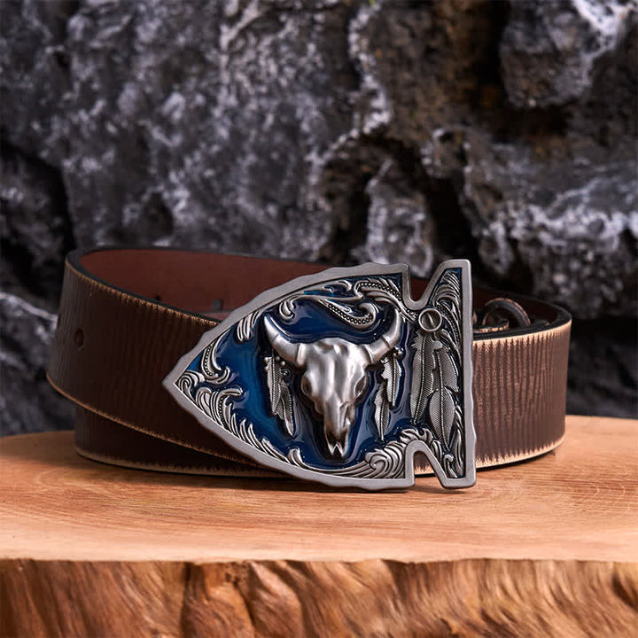 Cintura in pelle con fibbia a forma di toro a forma di punta di freccia smaltata blu navy fai da te