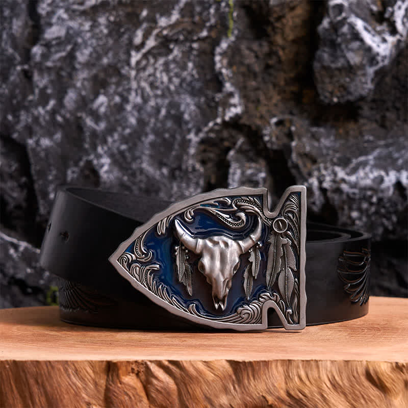 Cintura in pelle con fibbia a forma di toro a forma di punta di freccia smaltata blu navy fai da te - Argento antico - Cintura con aquila in rilievo nera - 42 - image 2