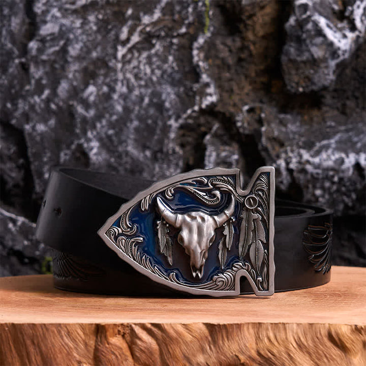 Cintura in pelle con fibbia a forma di toro a forma di punta di freccia smaltata blu navy fai da te - Argento antico - Cintura con aquila in rilievo nera - 42 - image 2