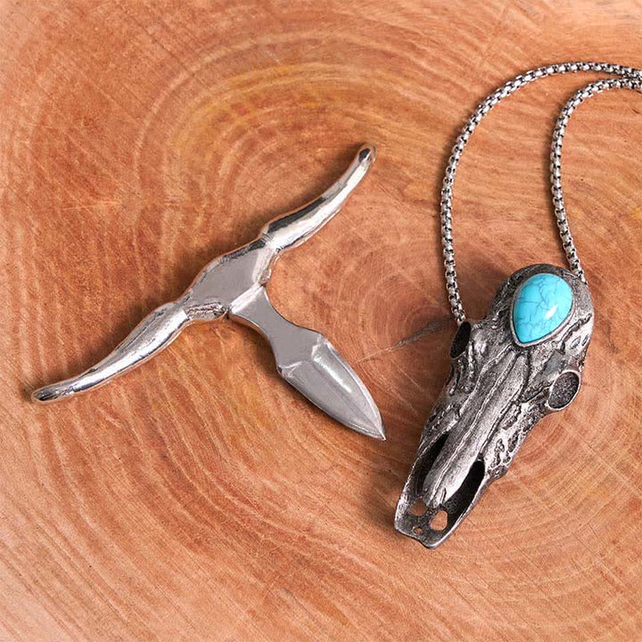 Fibbia per cintura con ciondolo multifunzione con teschio Longhorn turchese EDC Tool