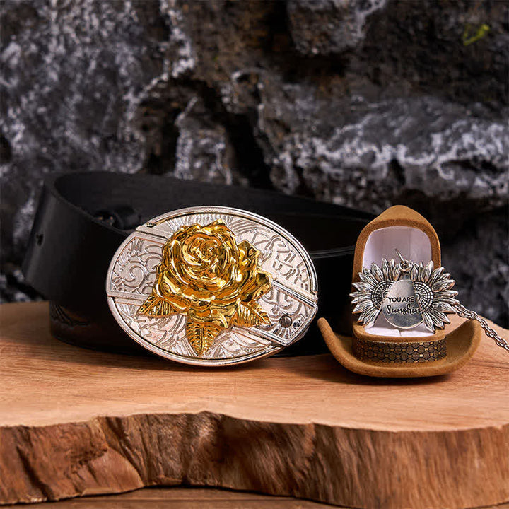 Set di collana con girasole e fibbia per cintura con coltello nascosto a forma di rosa, fai da te, in oro e argento - Oro e argento - Cintura con aquila in rilievo nera - 42 - image 17