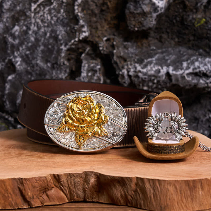 Set di collana con girasole e fibbia per cintura con coltello nascosto a forma di rosa, fai da te, in oro e argento - Oro e argento - Cintura marrone anticata - 42 - image 20