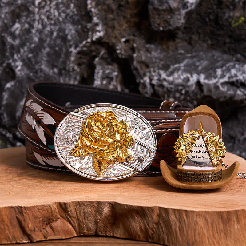 Set di collana con girasole e fibbia per cintura con coltello nascosto a forma di rosa, fai da te, in oro e argento - Oro e oro - Cintura di piume marroni - 40 - image 0