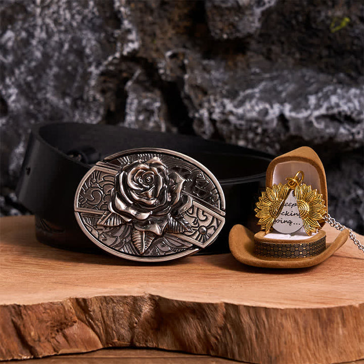 Set di collana con girasole e fibbia per cintura con coltello nascosto in argento fai da te e rosa - Argento e oro - Cintura con aquila in rilievo nera - 42 - image 18