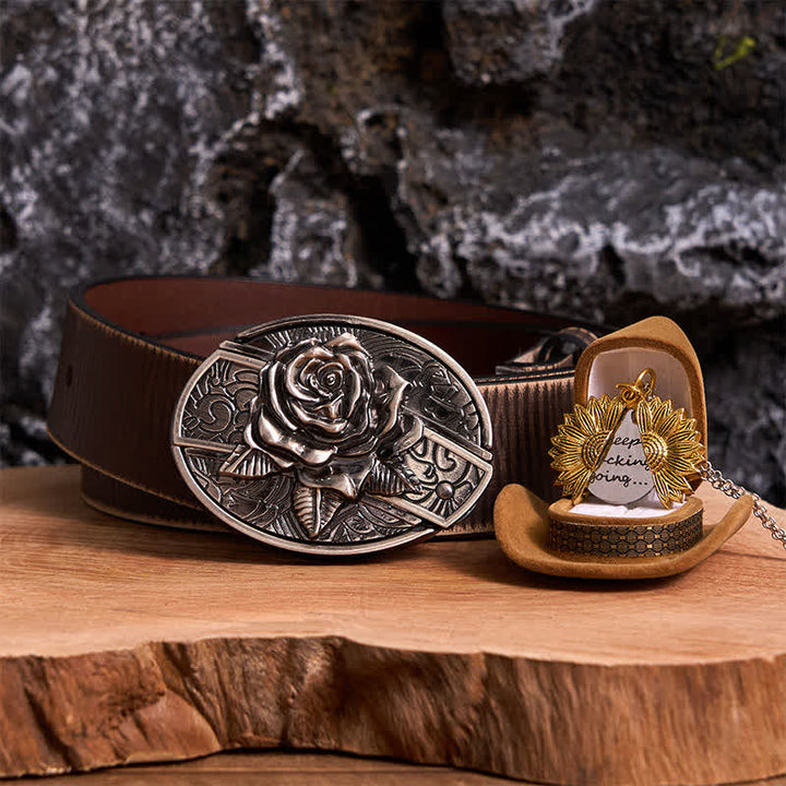 Set di collana con girasole e fibbia per cintura con coltello nascosto in argento fai da te e rosa - Argento e oro - Cintura marrone anticata - 42 - image 21