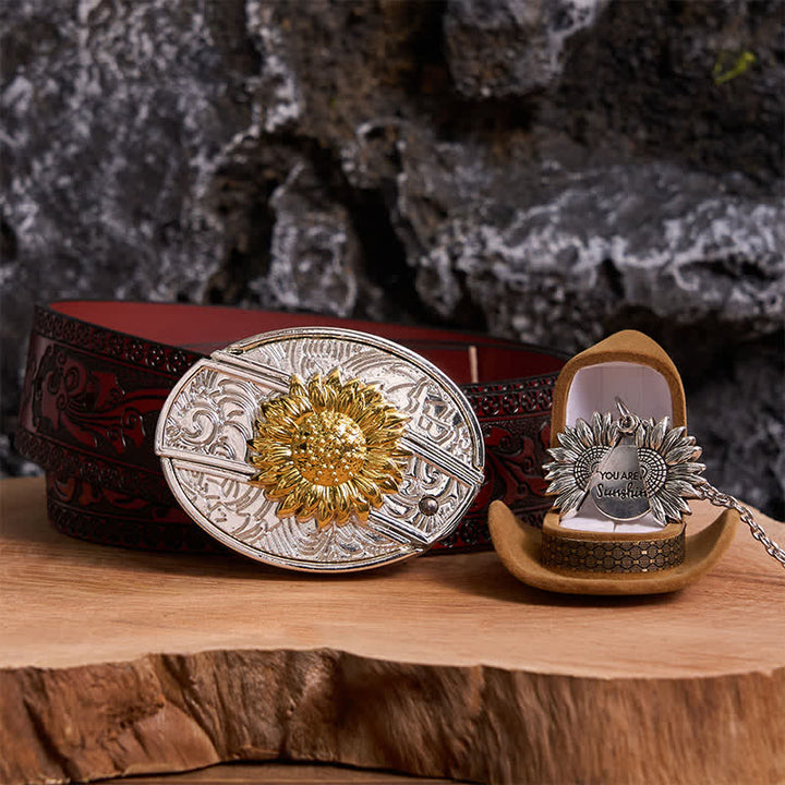 Set di collane con fibbia per cintura e coltello nascosto a tema girasole fai da te in oro e argento - Oro e argento - Cintura marrone intagliata - 42 - image 22