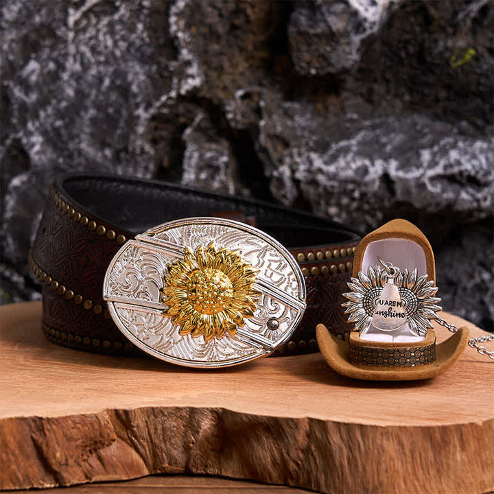 Set di collane con fibbia per cintura e coltello nascosto a tema girasole fai da te in oro e argento - Oro e argento - Cintura con rivetti marroni - 42 - image 20