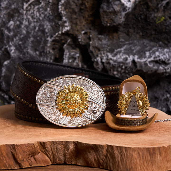 Set di collane con fibbia per cintura e coltello nascosto a tema girasole fai da te in oro e argento - Oro e oro - Cintura con rivetti marroni - 42 - image 6