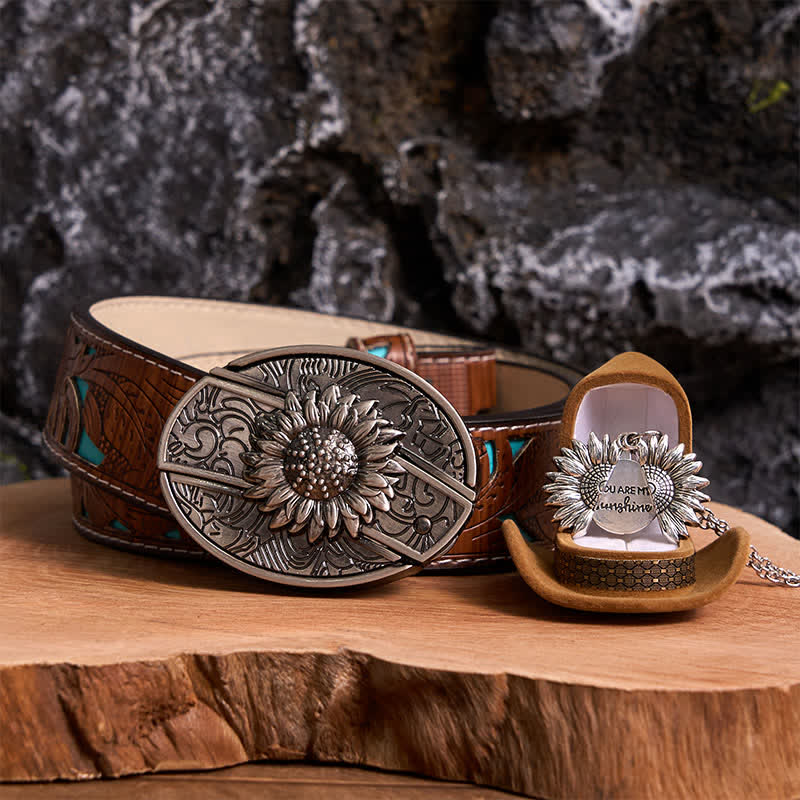 Set di collana con fibbia per cintura e coltello nascosto a tema girasole fai da te in argento - Argento e argento - Cintura intagliata turchese - 42 - image 5