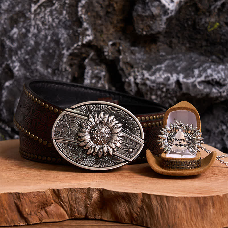 Set di collana con fibbia per cintura e coltello nascosto a tema girasole fai da te in argento - Argento e argento - Cintura con rivetti marroni - 42 - image 6