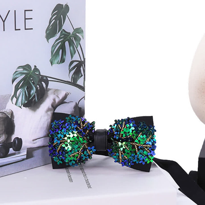 Papillon con paillettes a forma di fiore verde e blu scintillanti