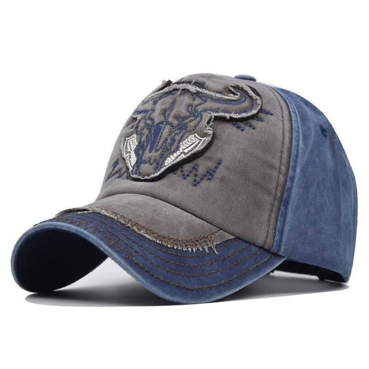 Cappellino da baseball vintage street style con ricamo a forma di toro - Caffè e blu - Regolabile (21 1/4"-23 5/8") - image 0