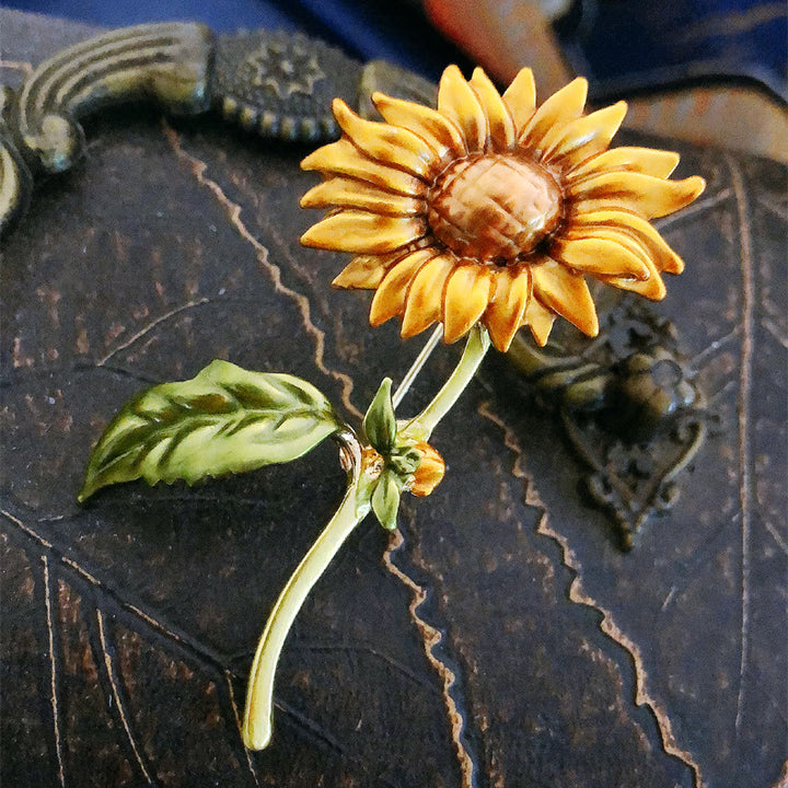 Spilla smaltata a forma di girasole estivo da donna