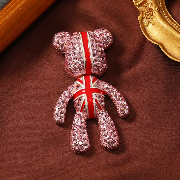 Spilla con bandiera britannica a forma di orso carino e cristallino, squisita.
