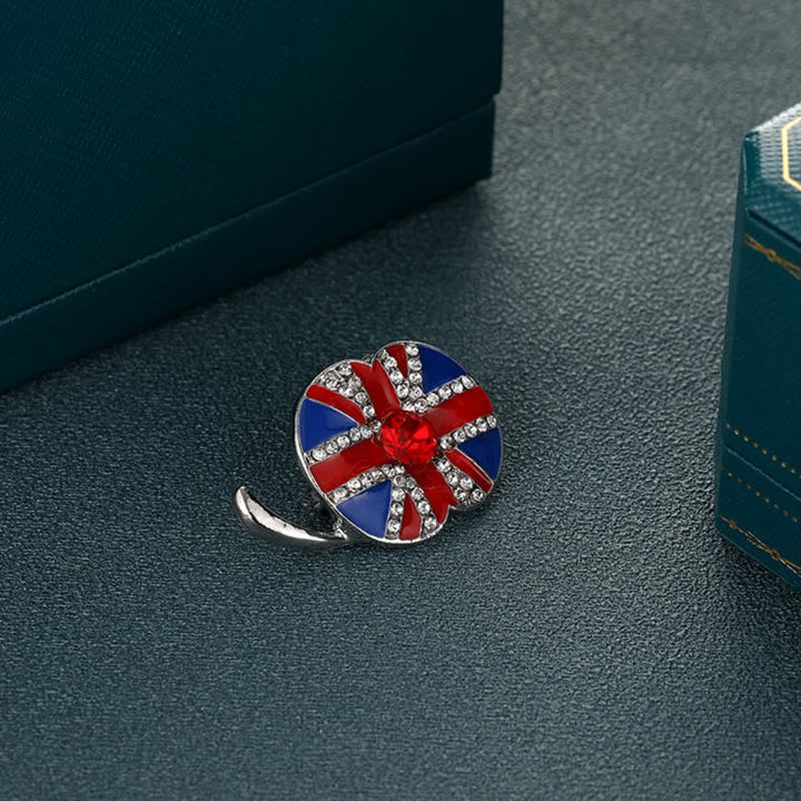 Spilla smaltata a forma di fiore di papavero con bandiera britannica