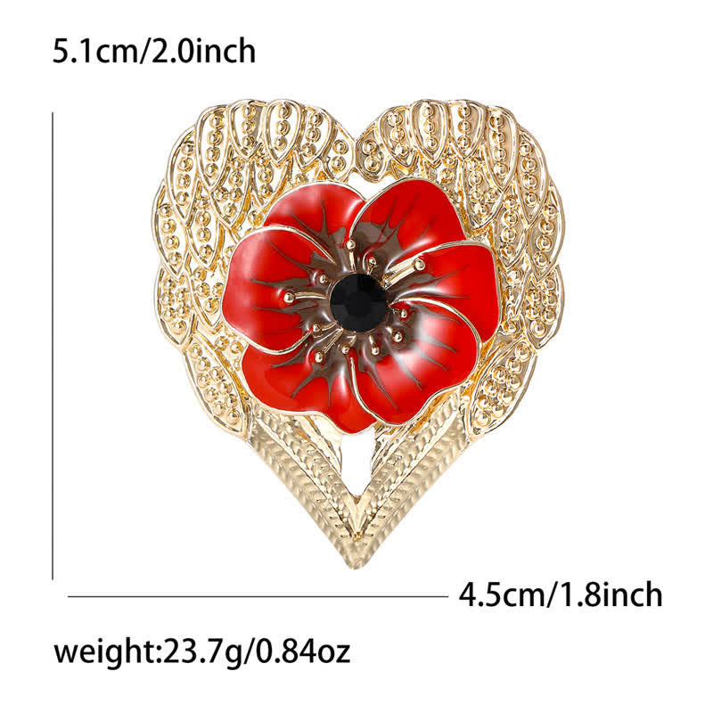 Spilla di lusso a forma di cuore dorato con fiore di papavero in smalto
