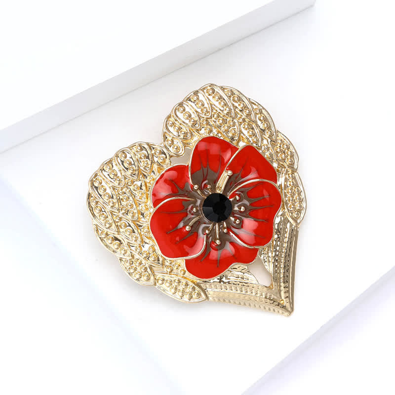 Spilla di lusso a forma di cuore dorato con fiore di papavero in smalto - image 1