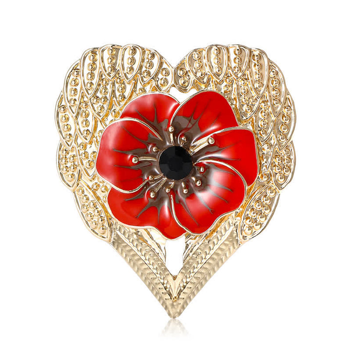 Spilla di lusso a forma di cuore dorato con fiore di papavero in smalto