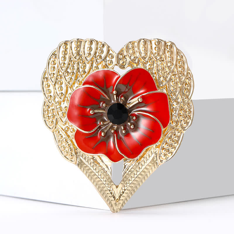 Spilla di lusso a forma di cuore dorato con fiore di papavero in smalto