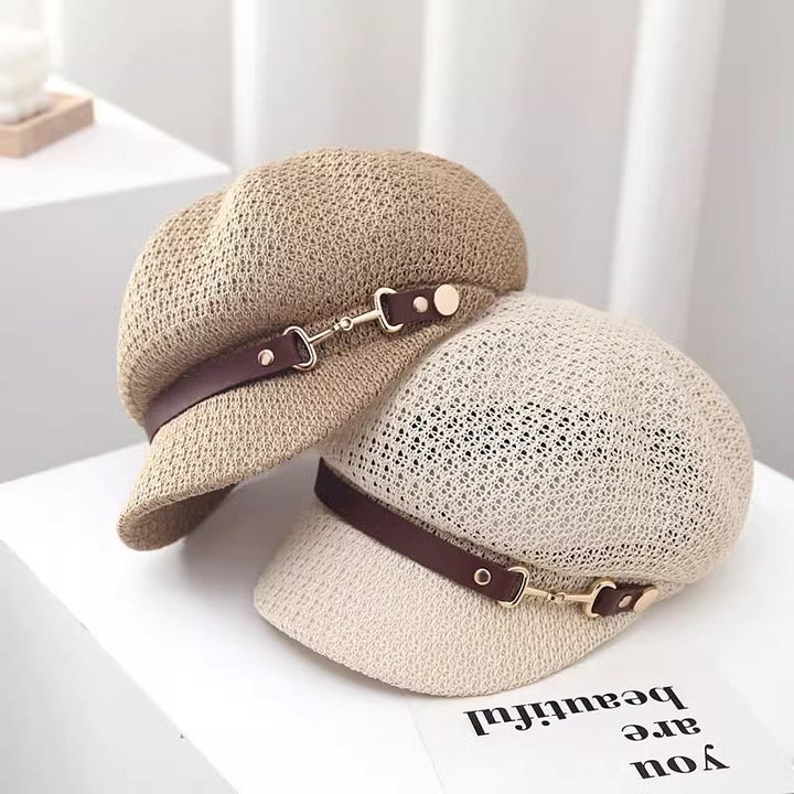 Cappello basco in paglia con decorazione in pelle tinta unita, estivo da donna