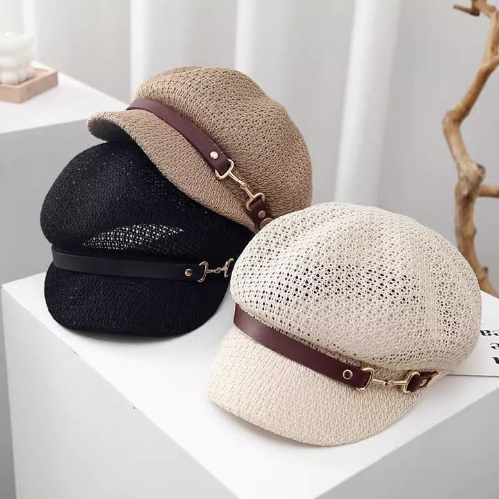 Cappello basco in paglia con decorazione in pelle tinta unita, estivo da donna