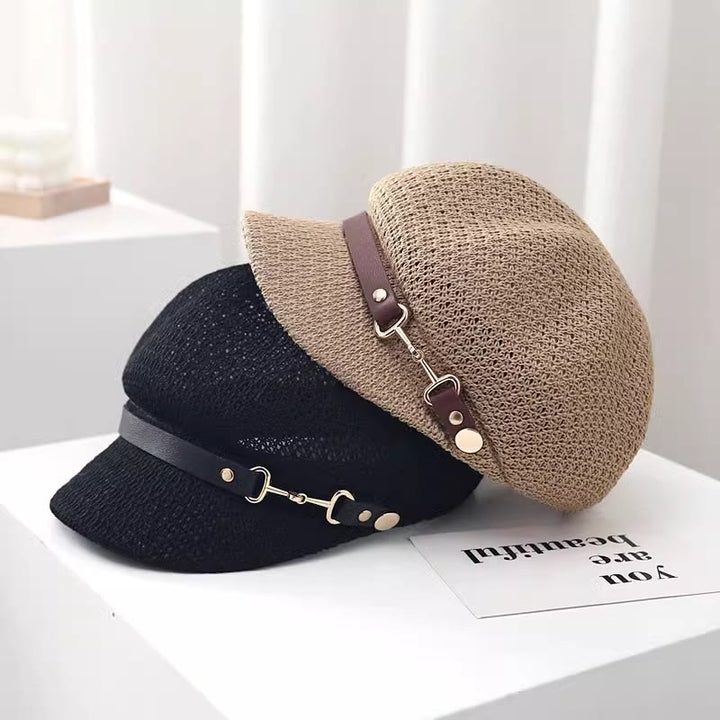 Cappello basco in paglia con decorazione in pelle tinta unita, estivo da donna