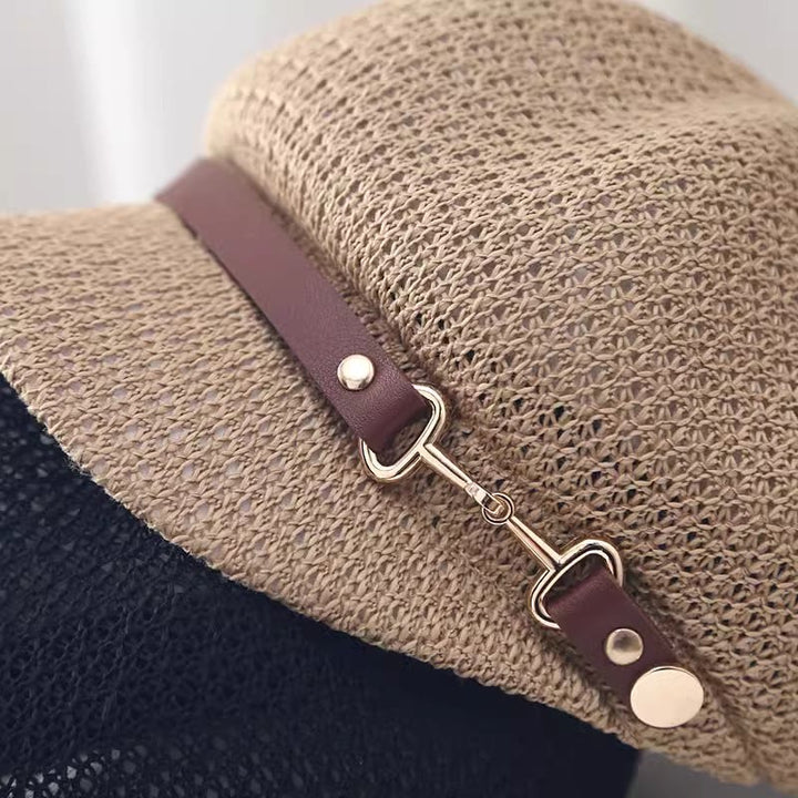 Cappello basco in paglia con decorazione in pelle tinta unita, estivo da donna