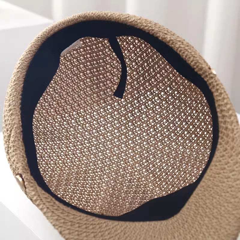 Cappello basco in paglia con decorazione in pelle tinta unita, estivo da donna