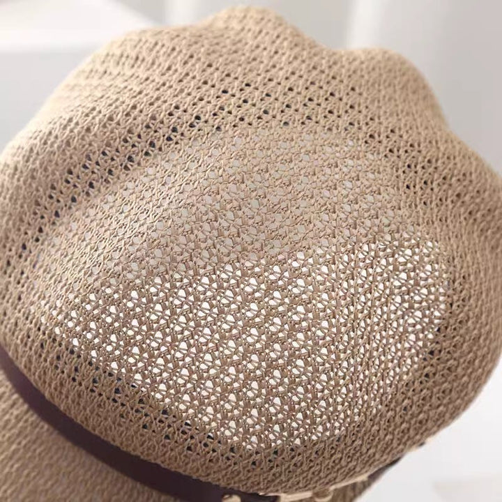 Cappello basco in paglia con decorazione in pelle tinta unita, estivo da donna