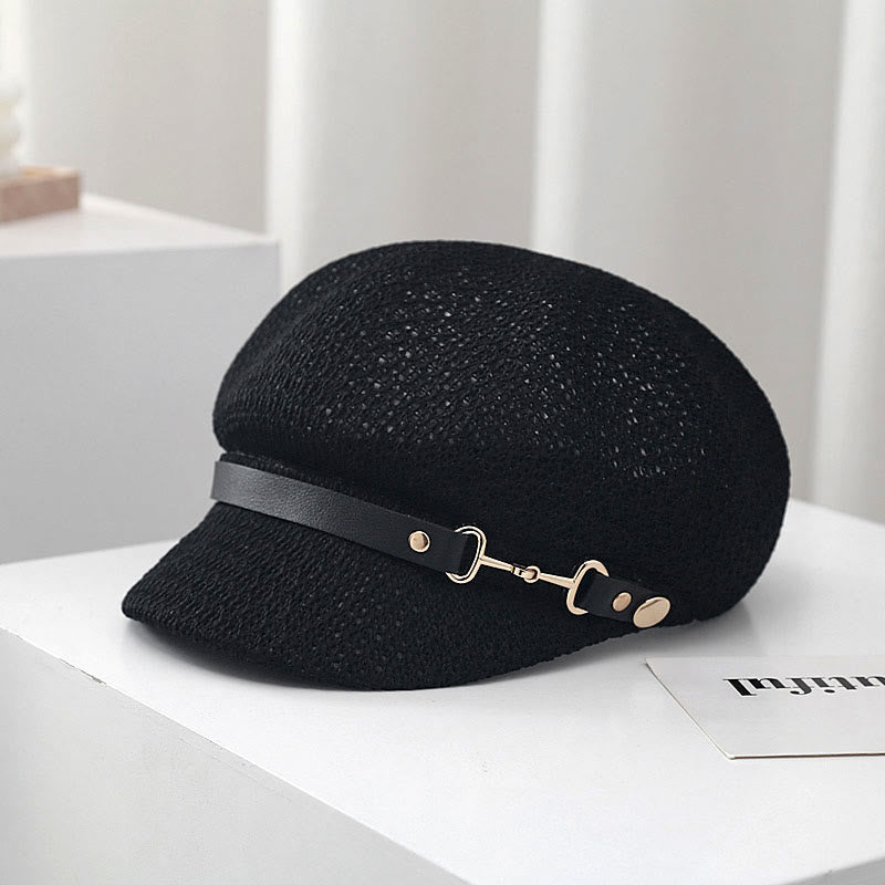 Cappello basco in paglia con decorazione in pelle tinta unita, estivo da donna
