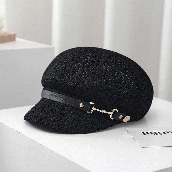 Cappello basco in paglia con decorazione in pelle tinta unita, estivo da donna