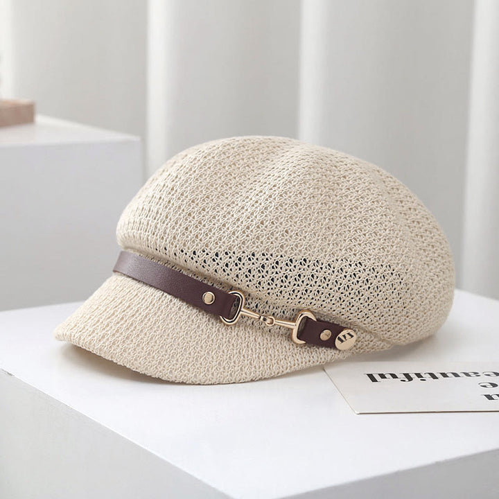 Cappello basco in paglia con decorazione in pelle tinta unita, estivo da donna