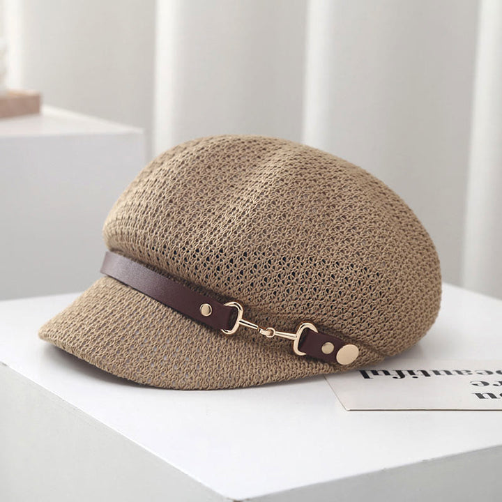 Cappello basco in paglia con decorazione in pelle tinta unita, estivo da donna