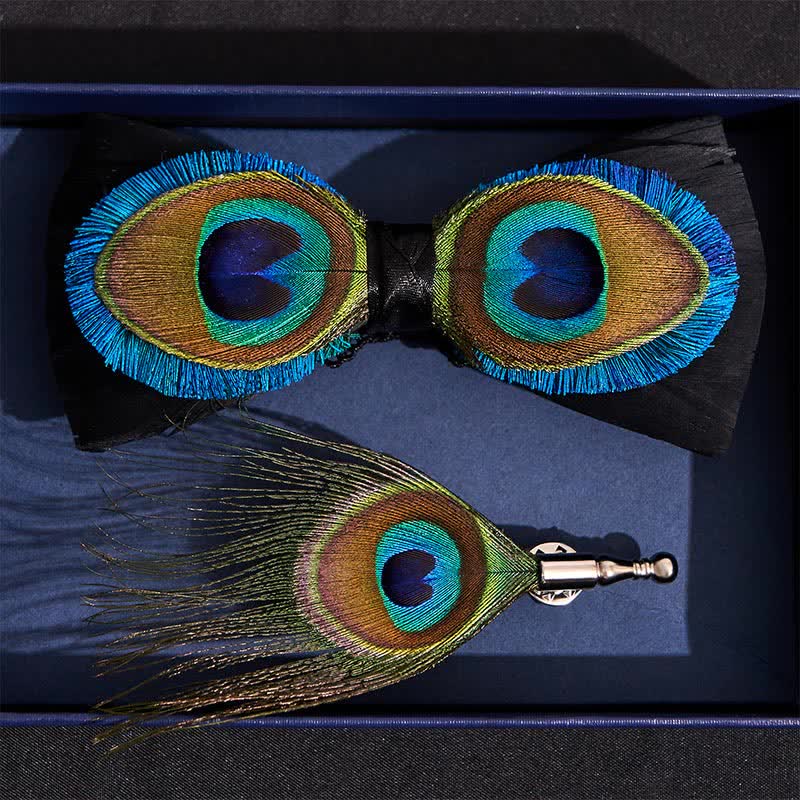 Papillon con piume di pavone blu e nero