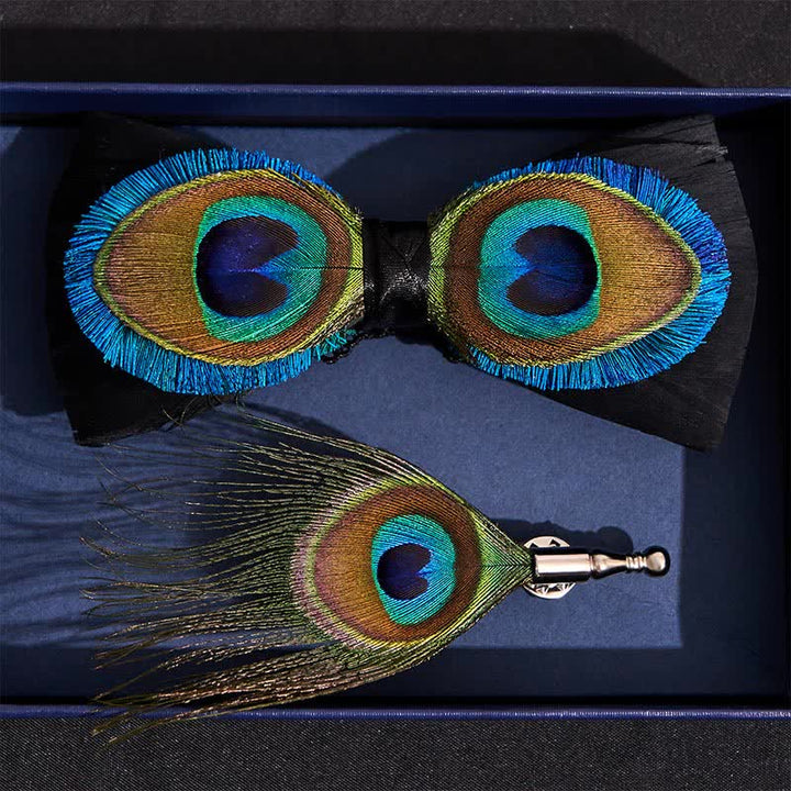 Papillon con piume di pavone blu e nero