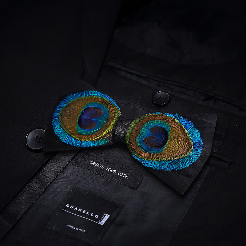 Papillon con piume di pavone blu e nero