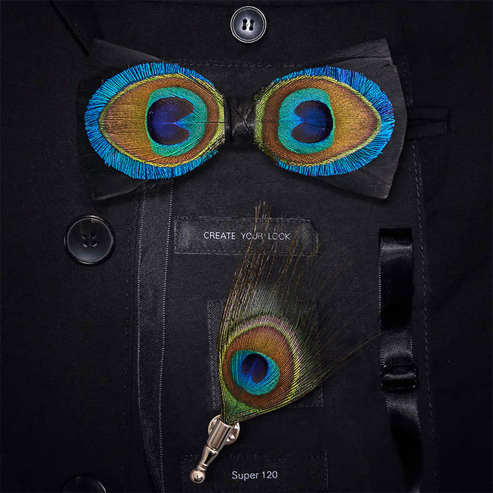 Papillon con piume di pavone blu e nero