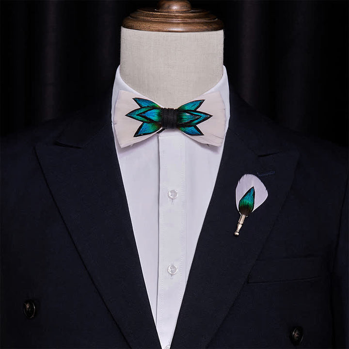 Papillon con piume blu ciano e bianco crema