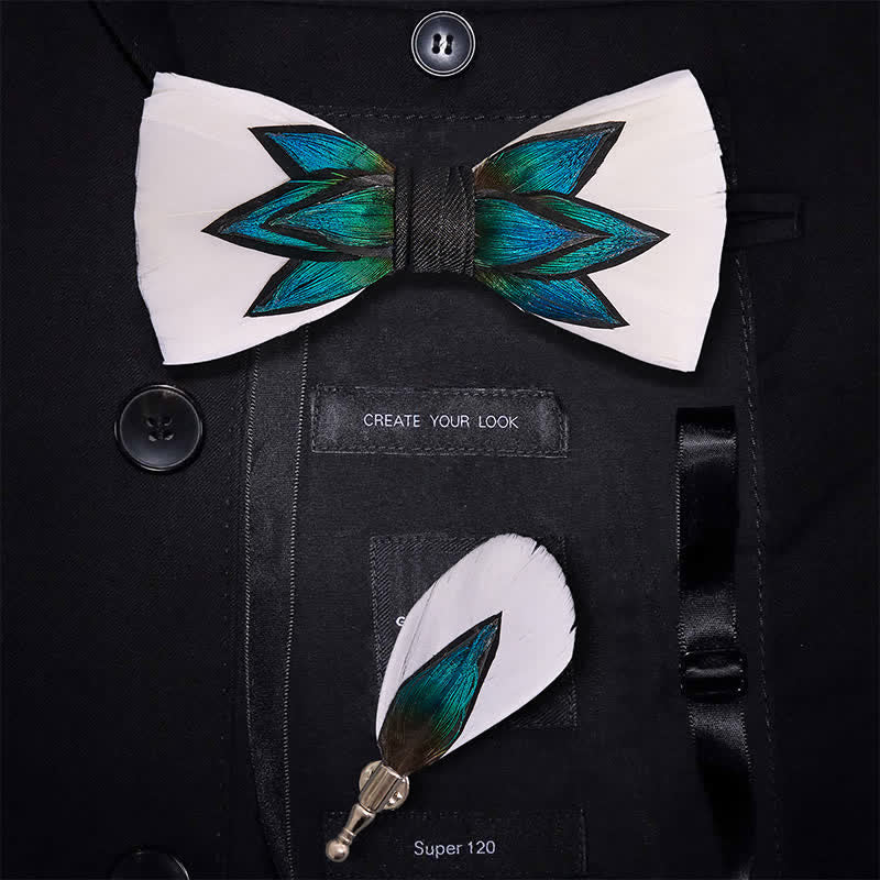 Papillon con piume blu ciano e bianco crema - Papillon + spilla - image 0