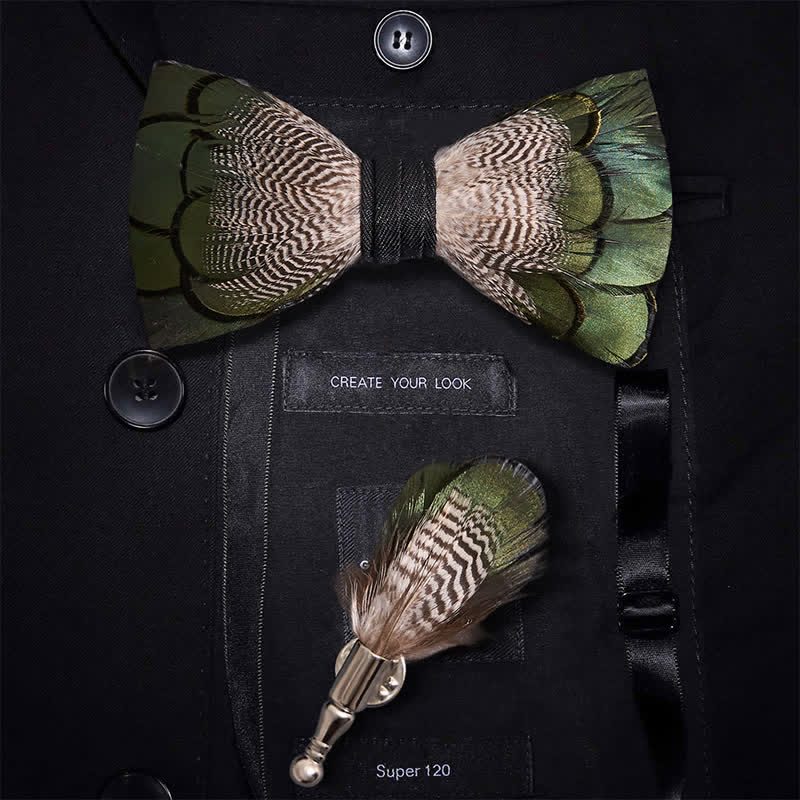 Papillon con piume di anatra selvatica verde e bianca per bambini con spilla da bavero
