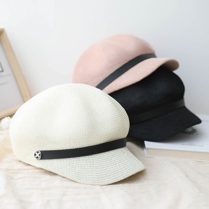 Cappello basco ottagonale in paglia con fascia in pelle nera elegante da donna