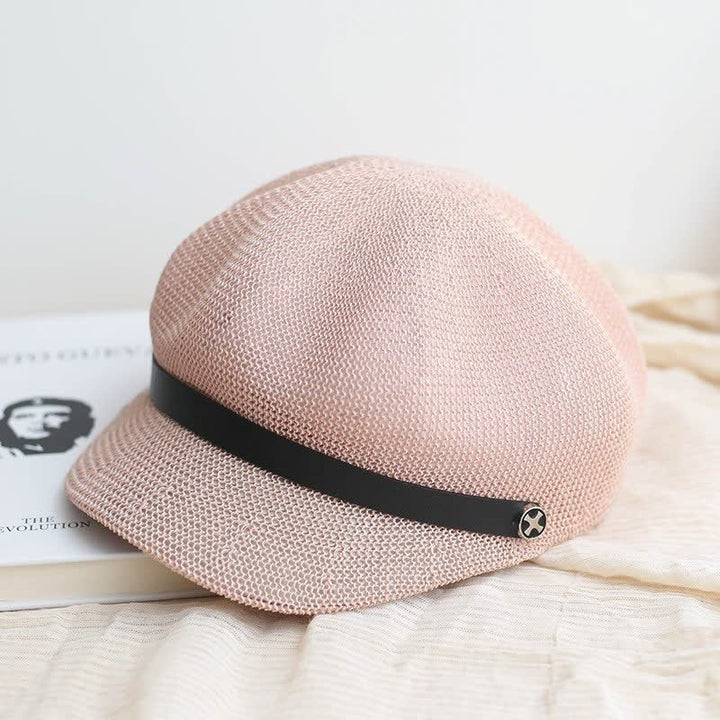 Cappello basco ottagonale in paglia con fascia in pelle nera elegante da donna
