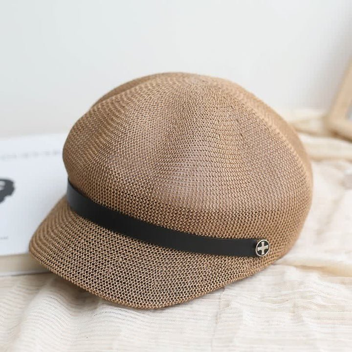 Cappello basco ottagonale in paglia con fascia in pelle nera elegante da donna