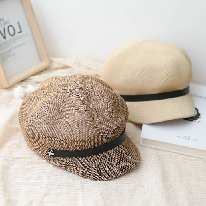 Cappello basco ottagonale in paglia con fascia in pelle nera elegante da donna