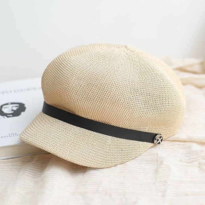 Cappello basco ottagonale in paglia con fascia in pelle nera elegante da donna