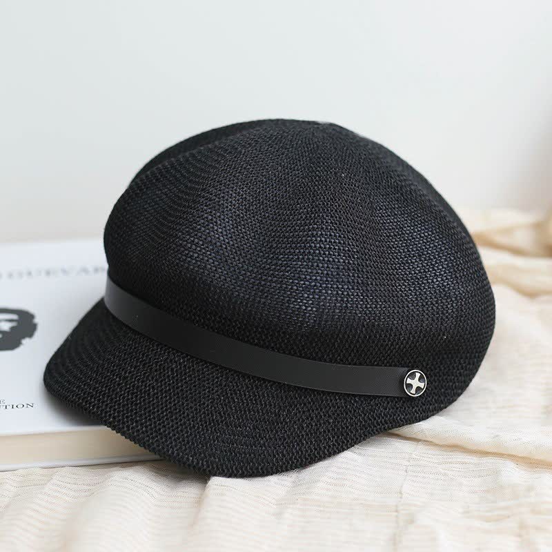 Cappello basco ottagonale in paglia con fascia in pelle nera elegante da donna