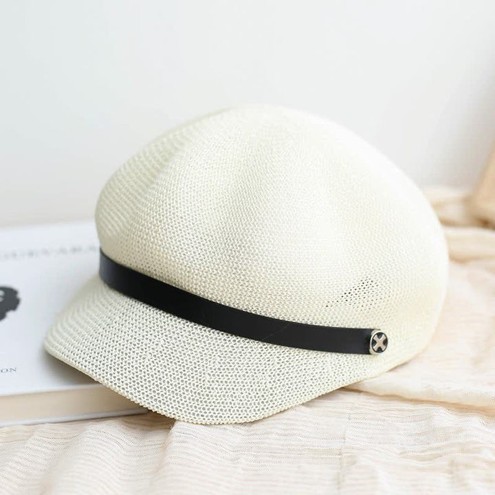 Cappello basco ottagonale in paglia con fascia in pelle nera elegante da donna