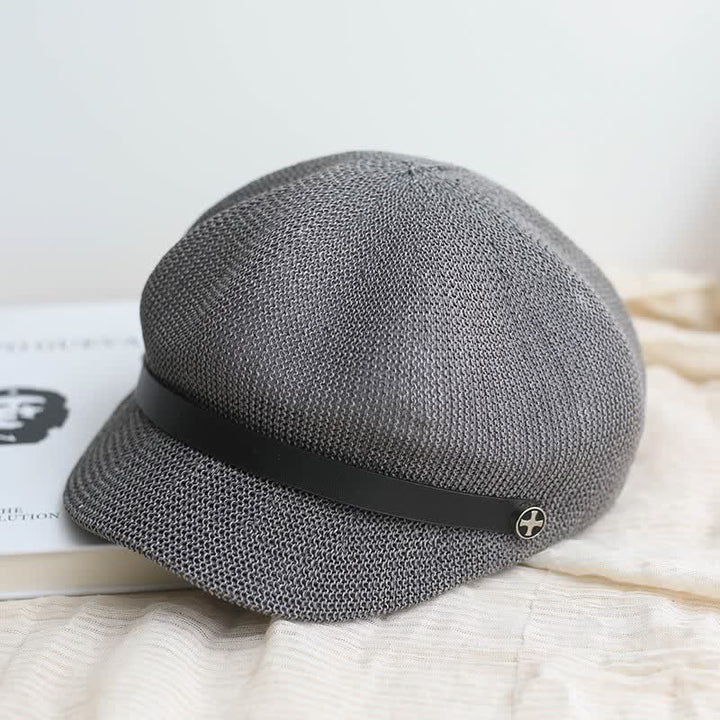 Cappello basco ottagonale in paglia con fascia in pelle nera elegante da donna